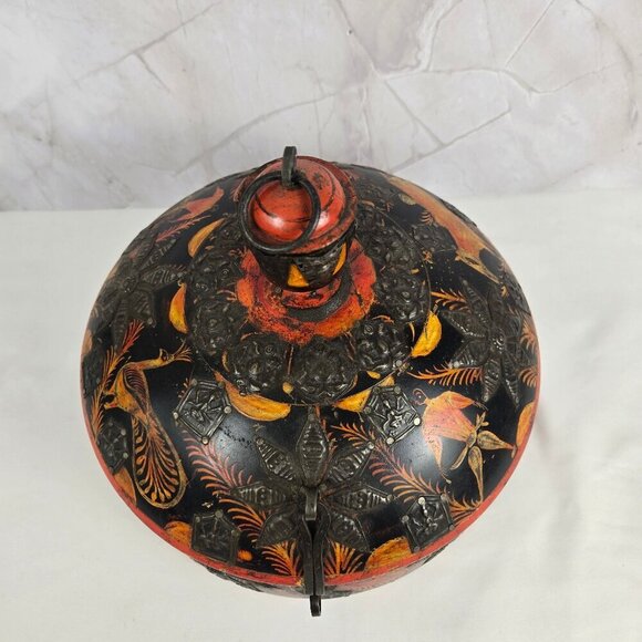 Vintage Round Middle Eastern Wooden Spice Box Hand Carved Hand Painted - Picture 2 of 16